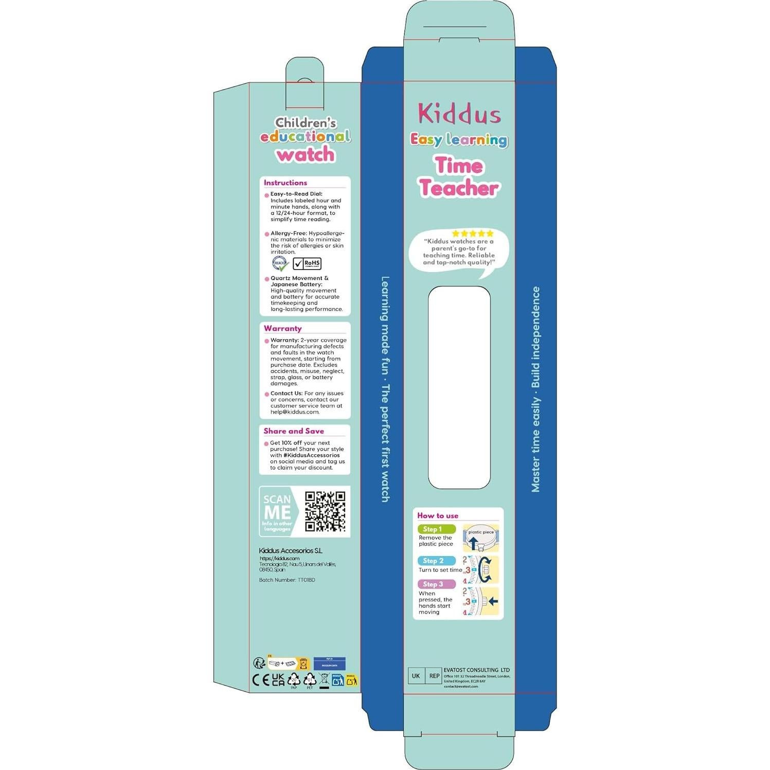 Reloj Educativo Kiddus para Niños 5-12 Años - Aprender a Leer la Hora