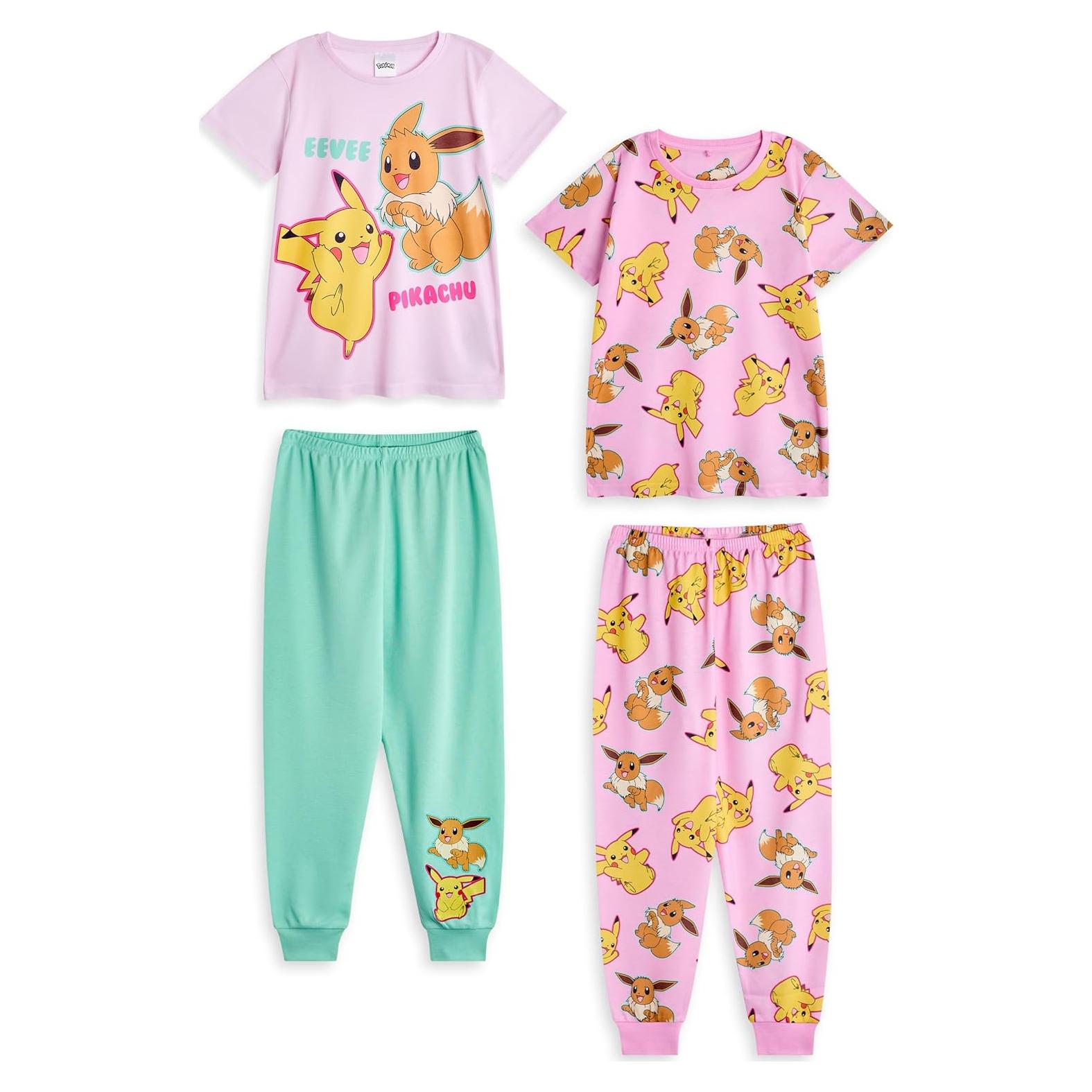 Conjunto de Pijamas Niñas Pokémon Pikachu Eevee Rosa Verde 4-5T