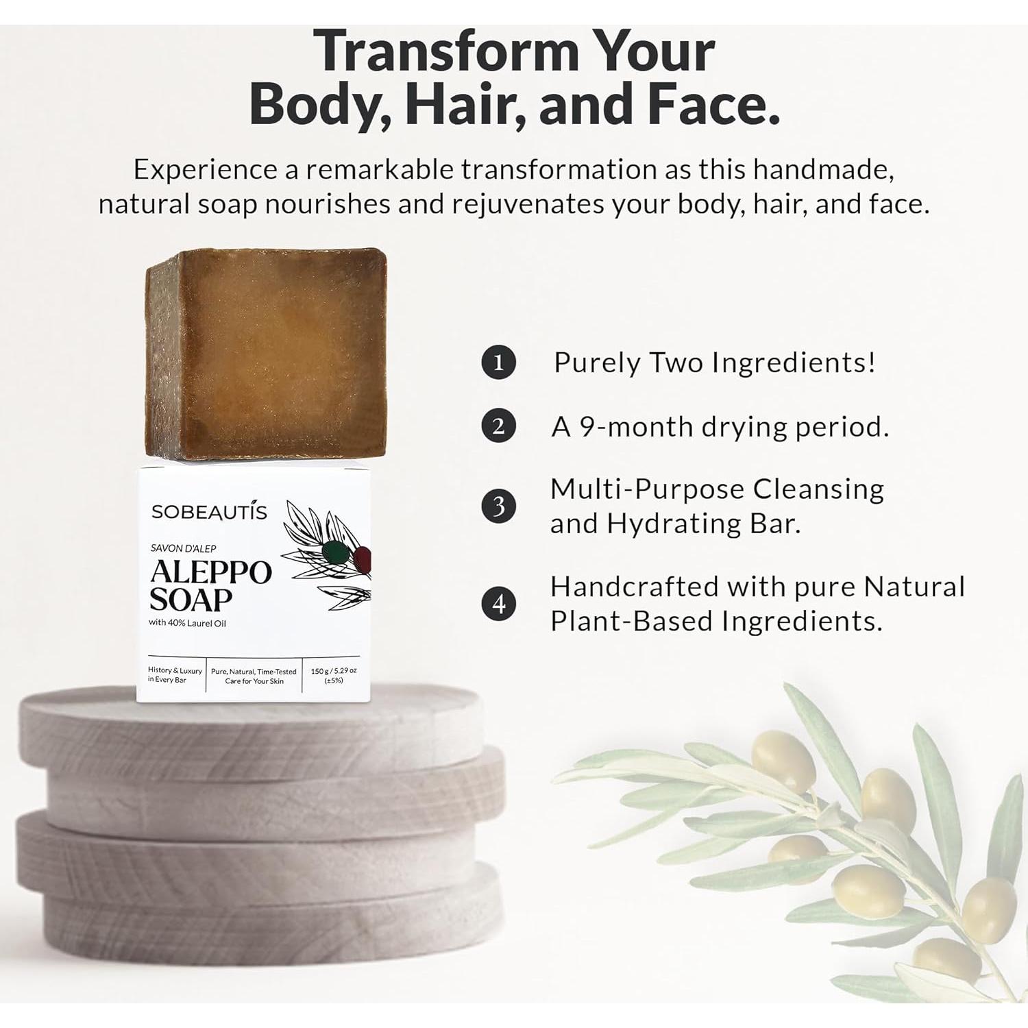 Jabón Natural de Aleppo Sobeautis 40% Laurel 60% Oliva 140g