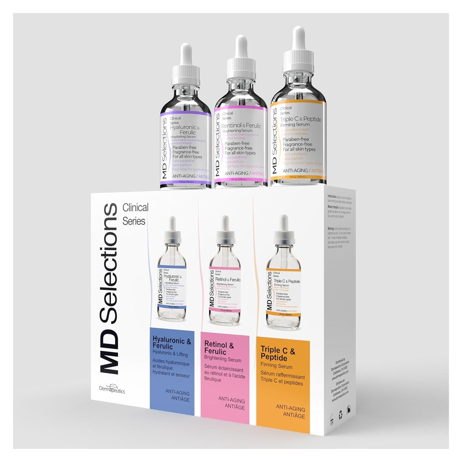 [3-PACK] MD Selections Retinol Hyaluronic Ferulic Triple C Peptide Lifting Serum Bundle for Face, 3 Fl Oz - Skin Firming Plumping Boost Collagen