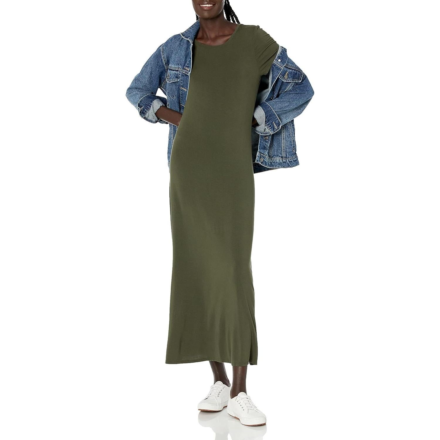 Vestido Maxi de Manga Corta Amazon Essentials Mujer Oliva S