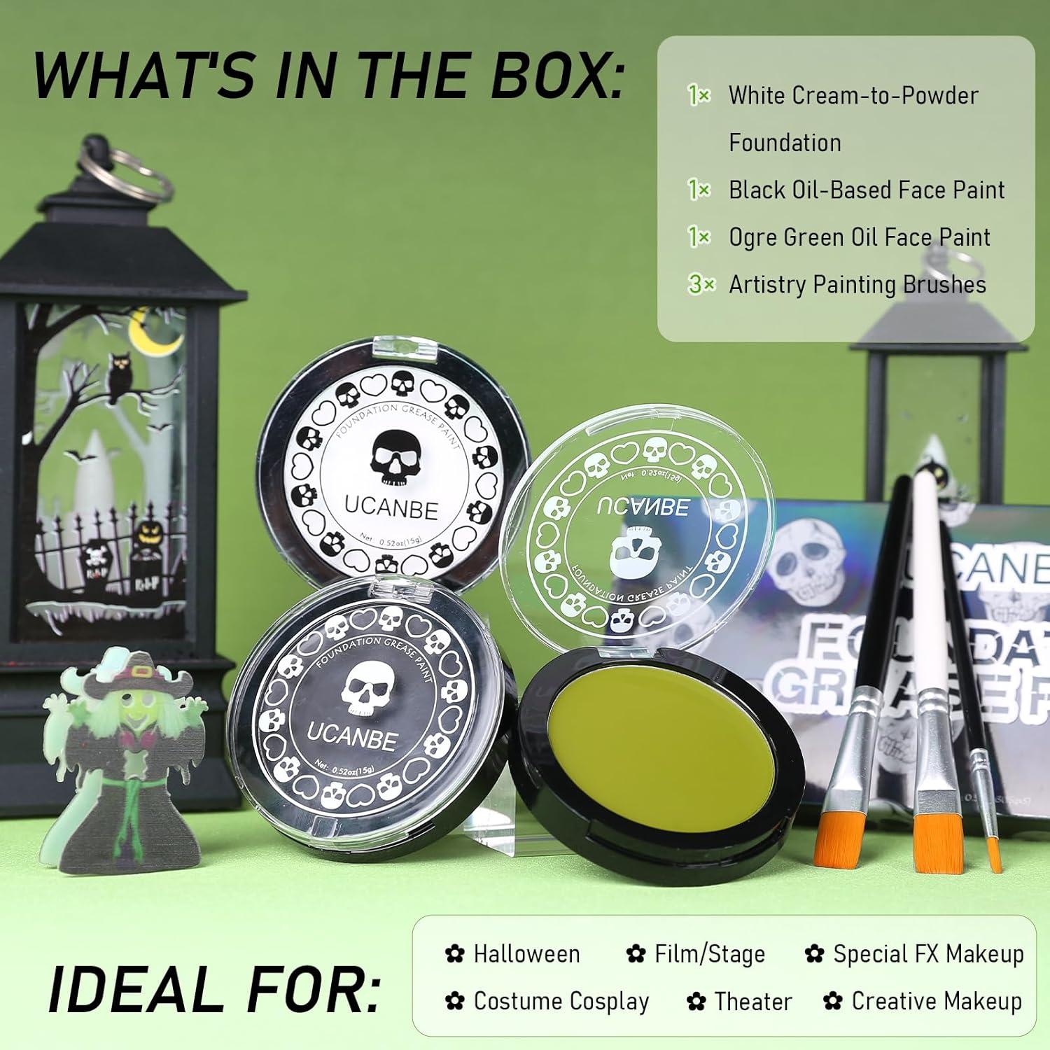 Kit de Pintura Facial UCANBE - Base Blanca, Verde y Negra con Pinceles