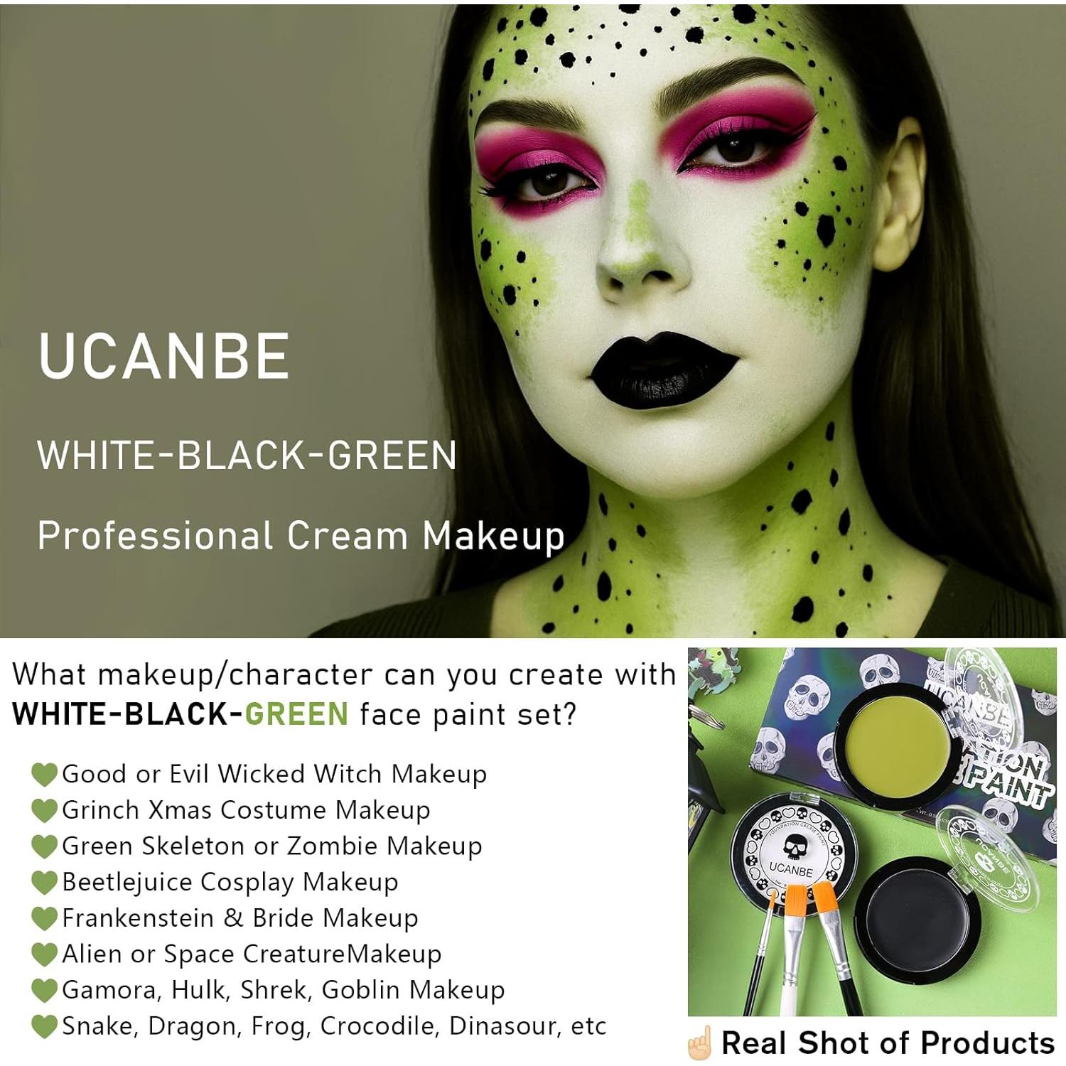 Kit de Pintura Facial UCANBE - Base Blanca, Verde y Negra con Pinceles