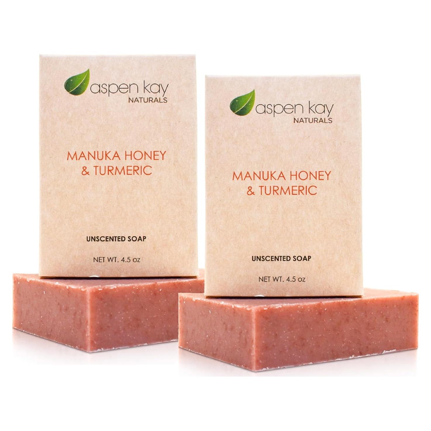 Turmeric and Manuka Honey Soap Bar for Body & Face, Natural Turmeric Soap with Organic Aloe Vera, Shea Butter & Calendula - Gentle For All Skin Types, Unscented (2 pack)