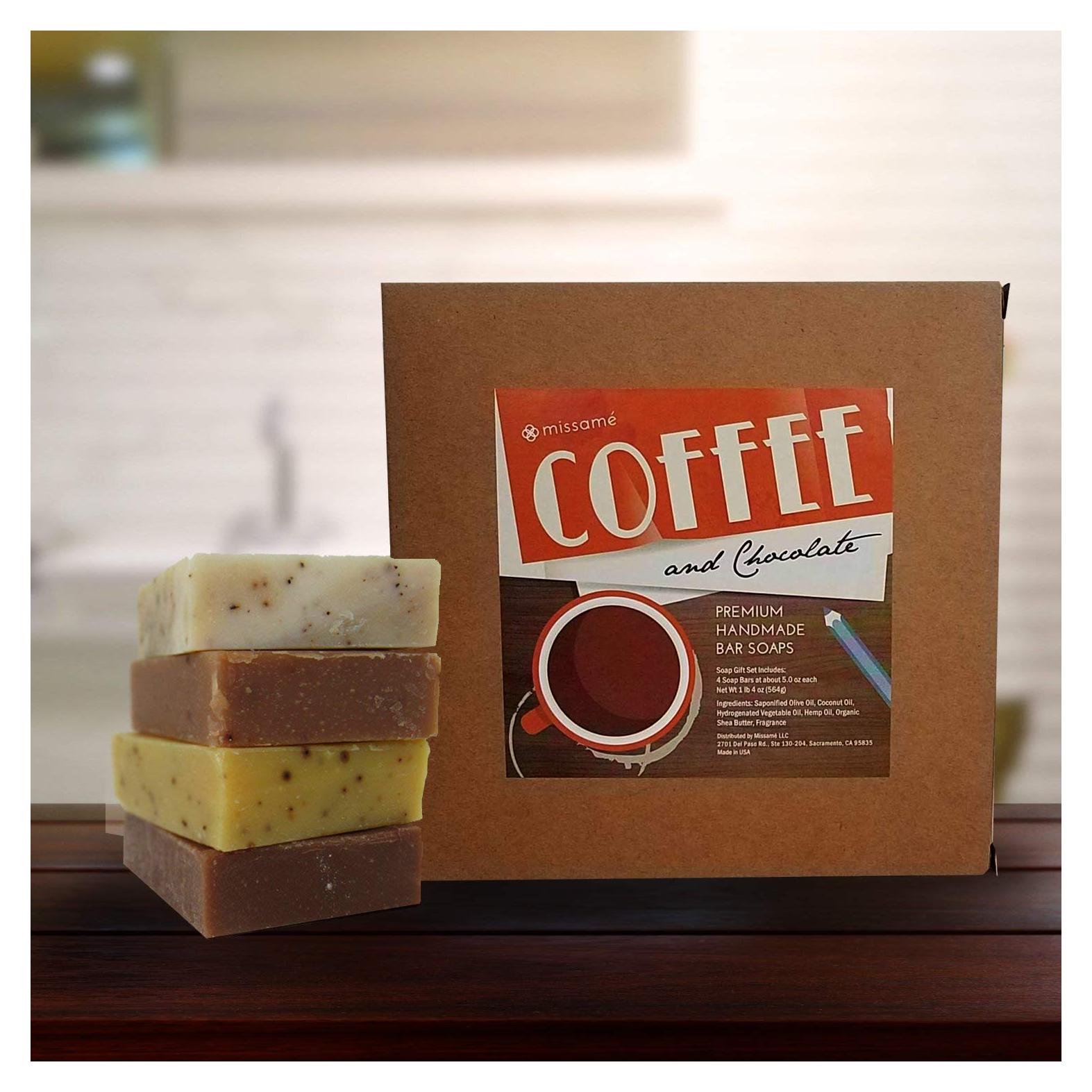 Juego de Jabones Artesanales Missamé - Aroma a Café y Chocolate, 4 Jabones de 141 g