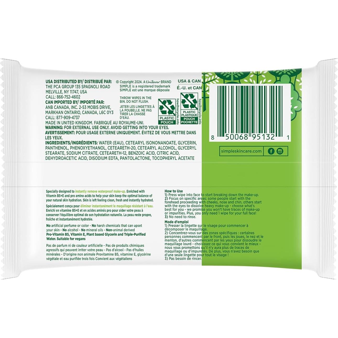 Toallitas Desmaquillantes Micelares Simple 25 Unidades Piel Sensible