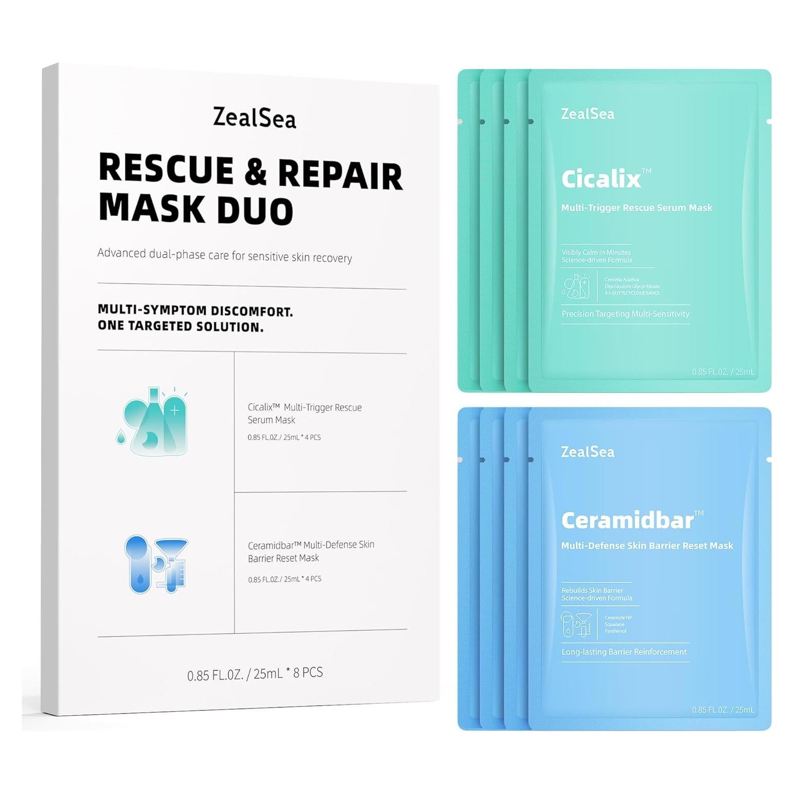 Mascarillas Faciales ZealSea Cicalix & Ceramidbar Dúo 8 Unidades