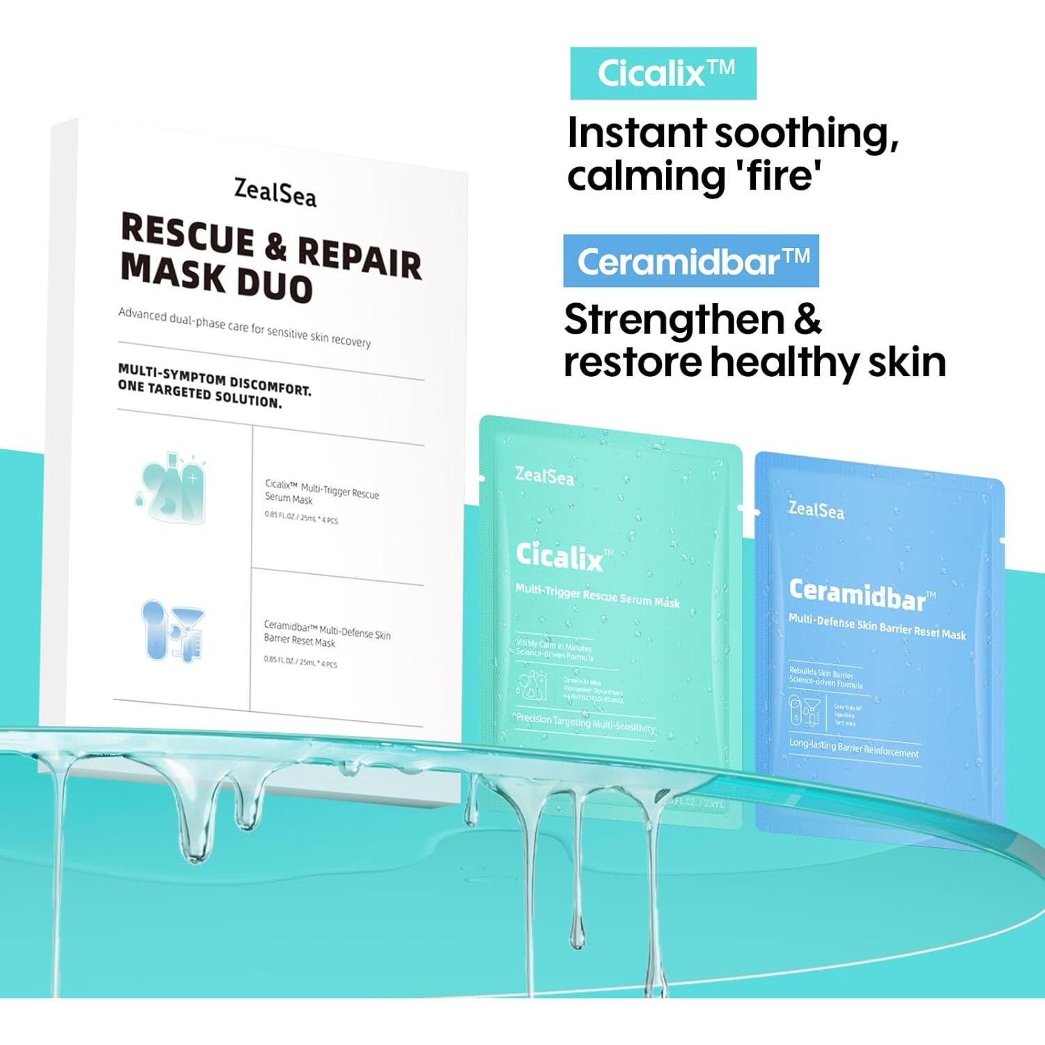Mascarillas Faciales ZealSea Cicalix & Ceramidbar Dúo 8 Unidades