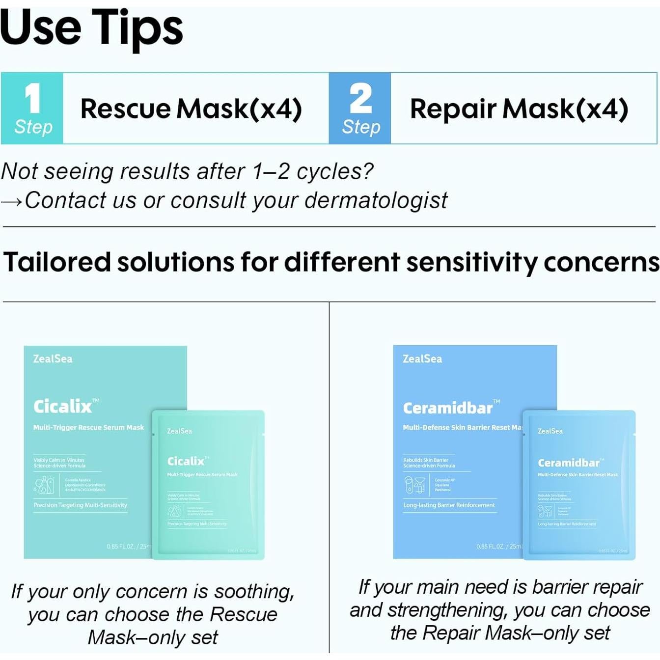 Mascarillas Faciales ZealSea Cicalix & Ceramidbar Dúo 8 Unidades