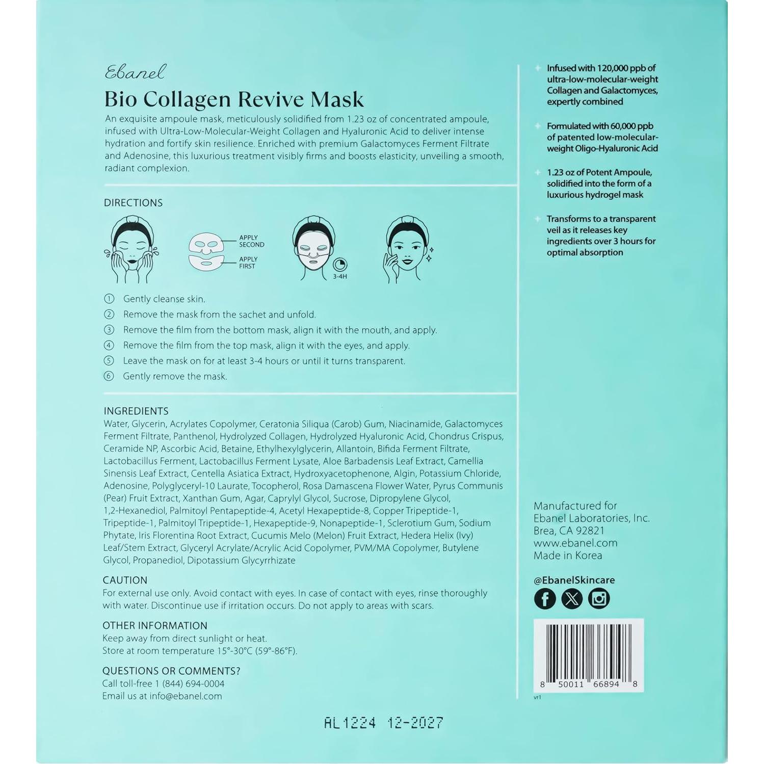 Máscara Facial de Colágeno Bio Ebanel - 4 Piezas Hidratantes