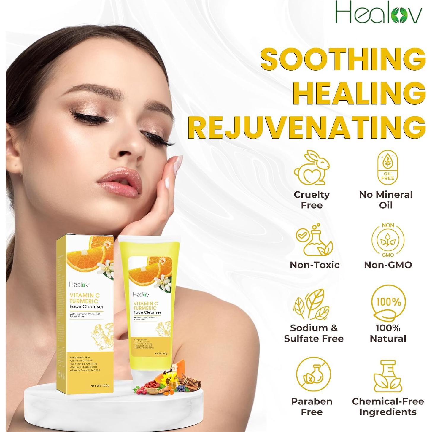 Jabón Facial Iluminador Healov de Cúrcuma 140g - Exfoliante Natural