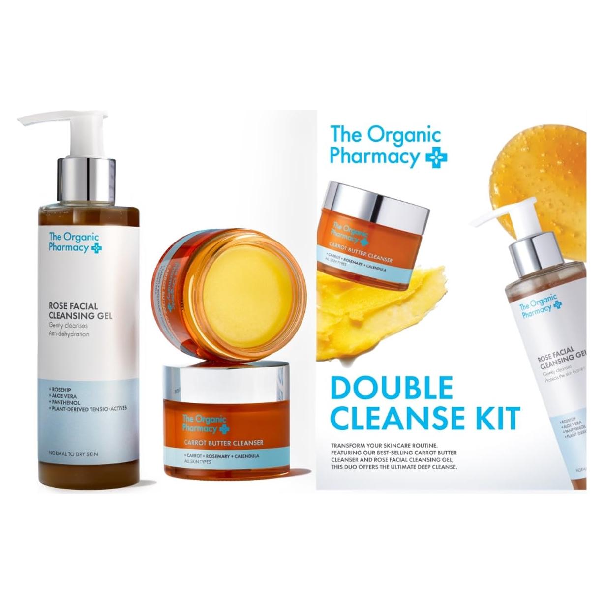 Kit de Doble Limpieza The Organic Pharmacy - Mantequilla de Zanahoria 50 ml y Gel Rosa 200 ml