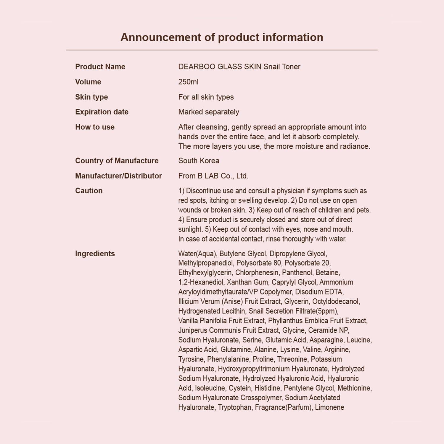 Tónico Facial Hidratante DEARBOO Glass Skin 250 ml Mucina Caracol