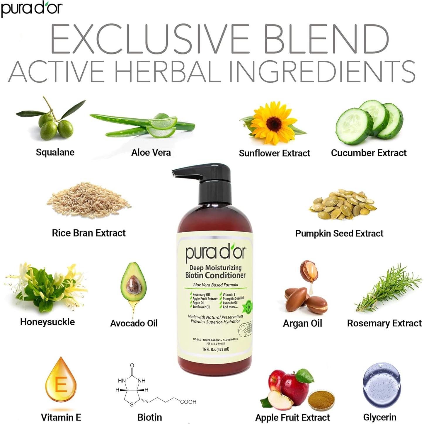 Acondicionador Hidratante Profundo Pura D'Or 453g - Biotina y Aceite de Argán