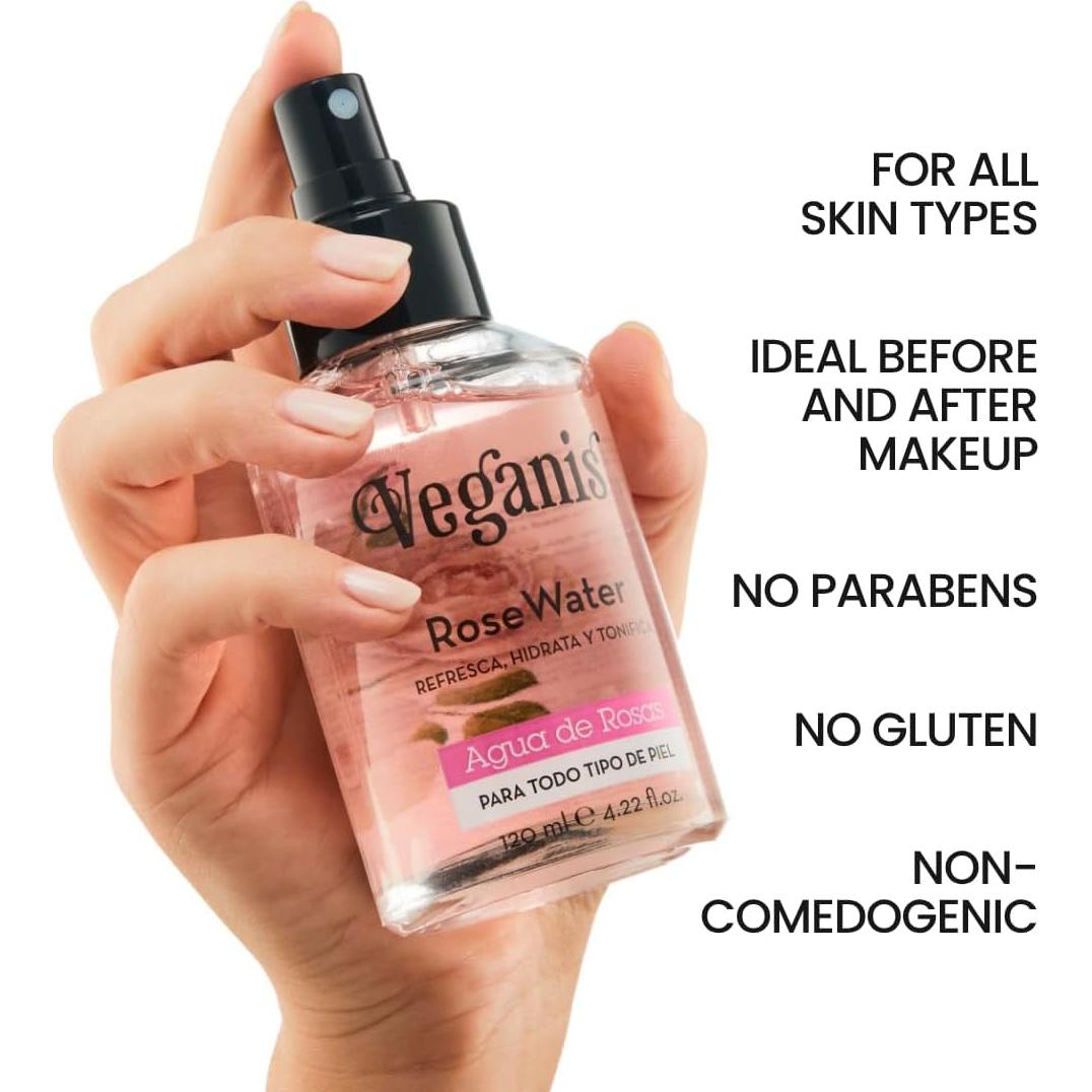 Tónico Hidratante de Agua de Rosa VEGANIS 124 ml - Vegano, Libre de Alcohol