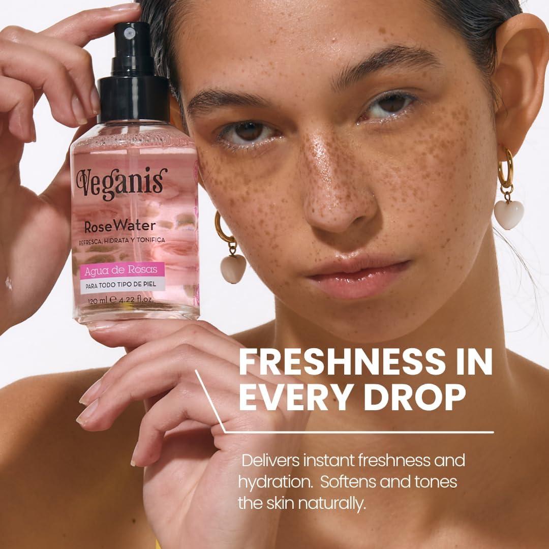 Tónico Hidratante de Agua de Rosa VEGANIS 124 ml - Vegano, Libre de Alcohol