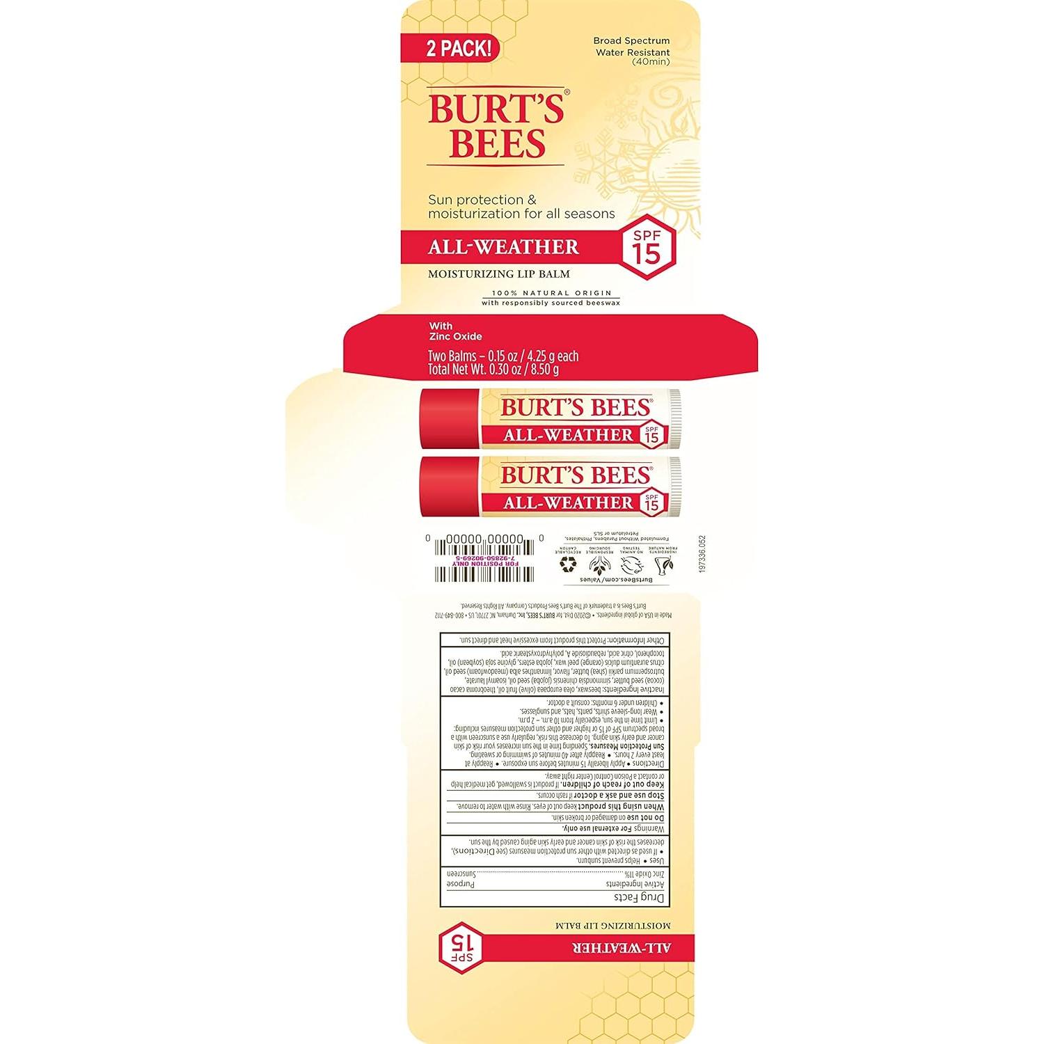 Bálsamo Labial Burt's Bees SPF 15 Hidratante 2 Tubos 4.25 g