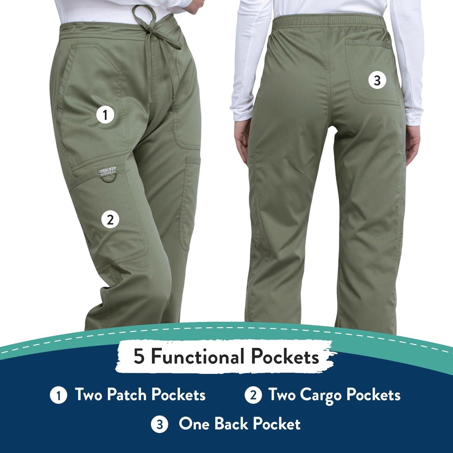 Pantalones Scrub Cherokee WW120 para Mujeres - Cintura Media, 5 Bolsillos, Tela Suave