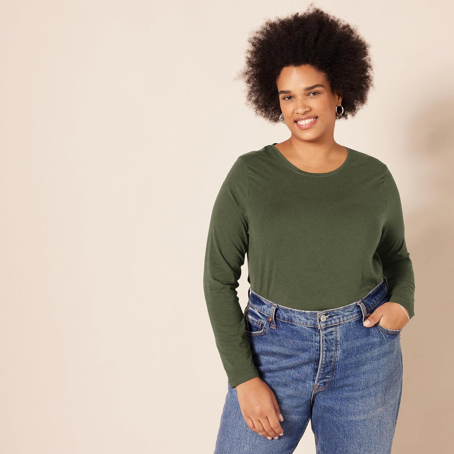 Camiseta de Manga Larga Amazon Essentials Mujeres Oliva X-Pequeña
