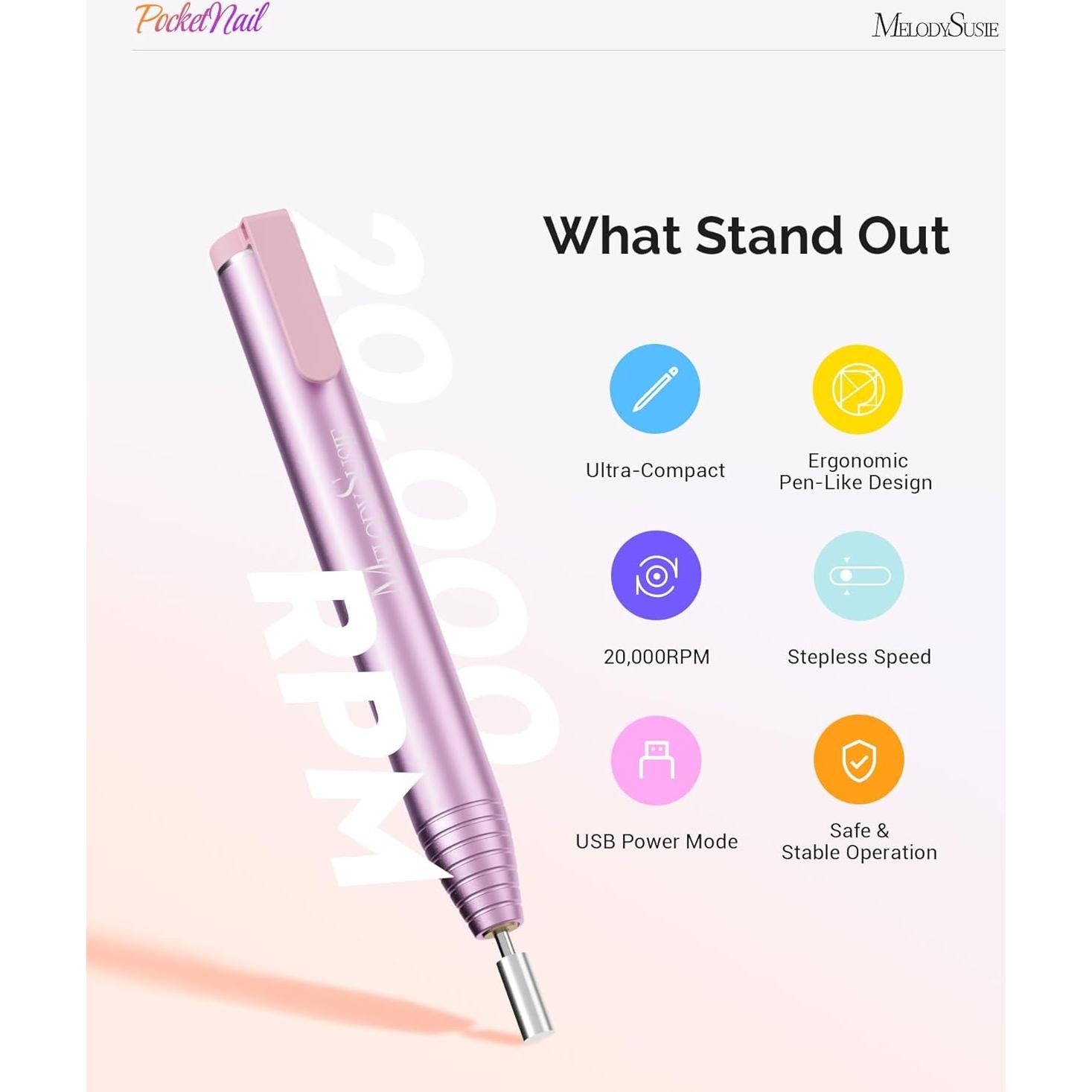 Taladro de Uñas Portátil MelodySusie PC100G Oro Rosa con Aceite