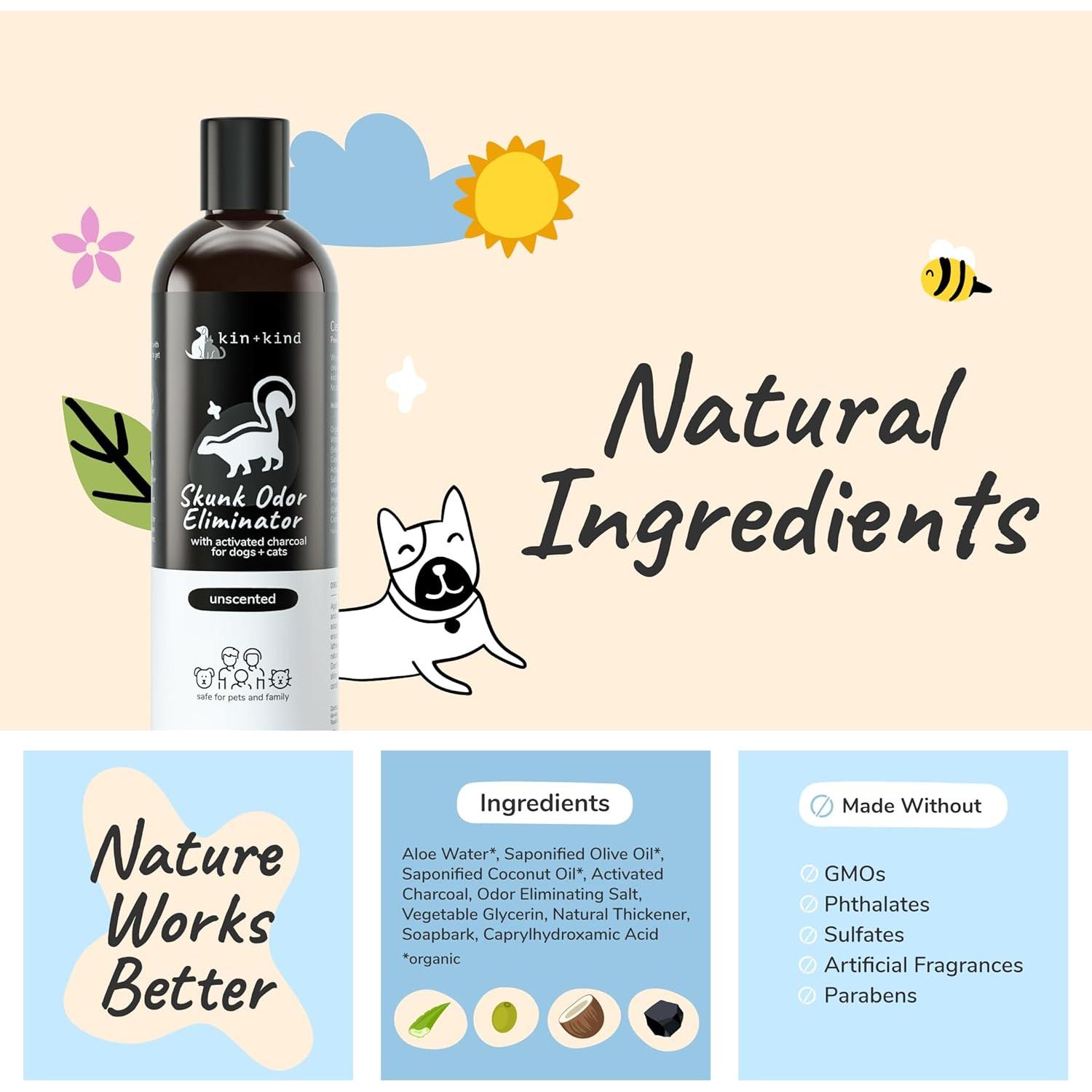 Champú Natural Kin+Kind para Perros y Gatos - Eliminador de Olores Zorrillo 354 ml