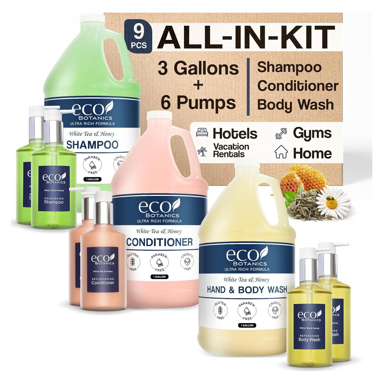 Kit de Amenidades Eco Botánicos 1-Shoppe - Champú, Acondicionador y Gel de Baño 3 Galones