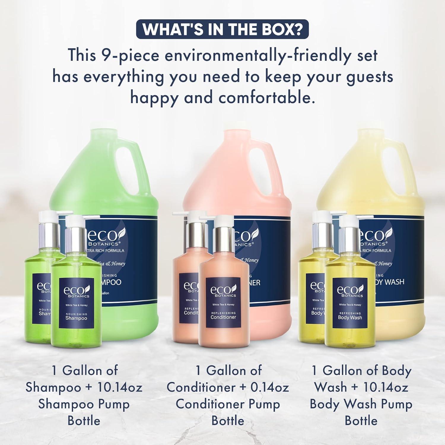 Kit de Amenidades Eco Botánicos 1-Shoppe - Champú, Acondicionador y Gel de Baño 3 Galones