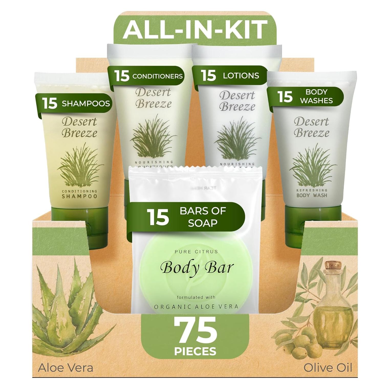 Kit de Amenidades de Hotel Desert Breeze | 75 Piezas | 30ml Champú, Acondicionador, Gel de Baño, Jabón