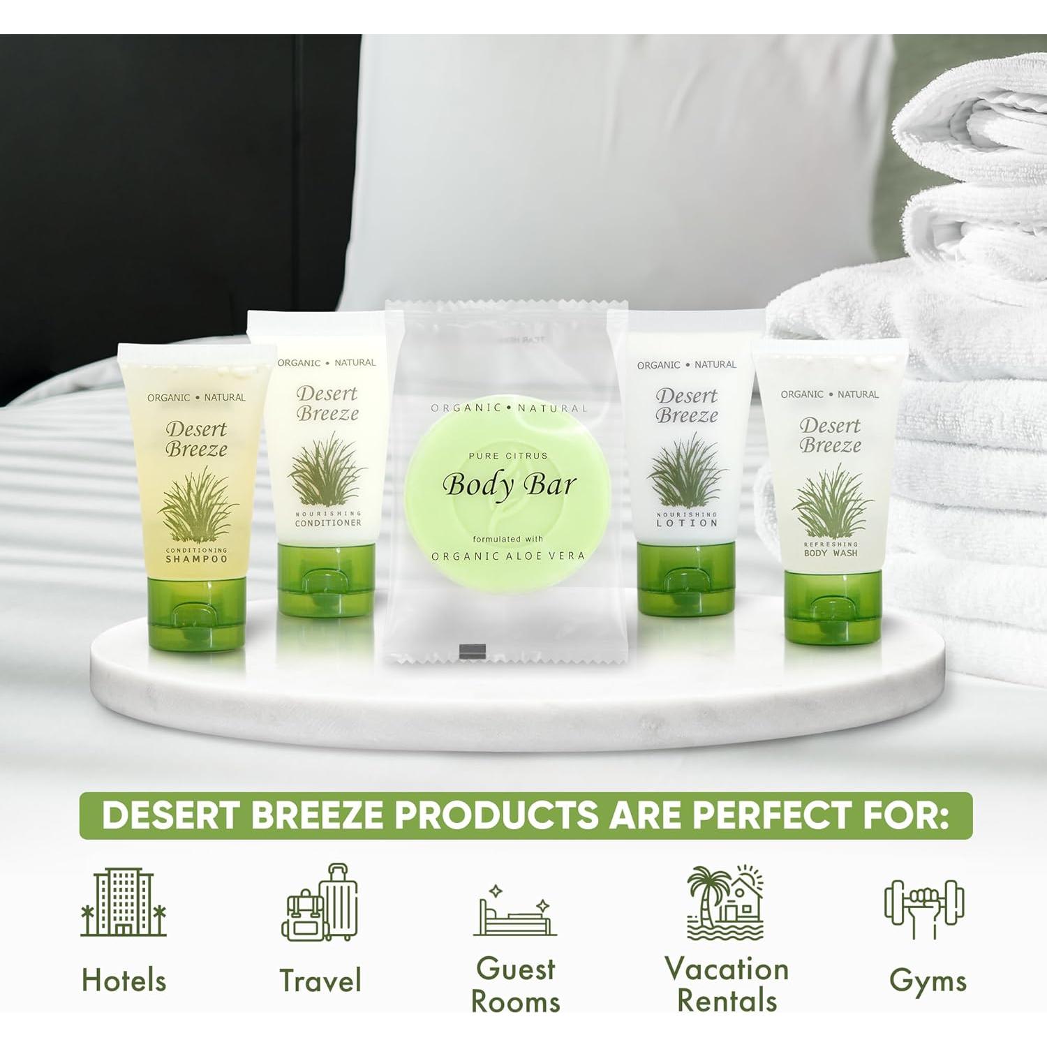 Kit de Amenidades de Hotel Desert Breeze | 75 Piezas | 30ml Champú, Acondicionador, Gel de Baño, Jabón