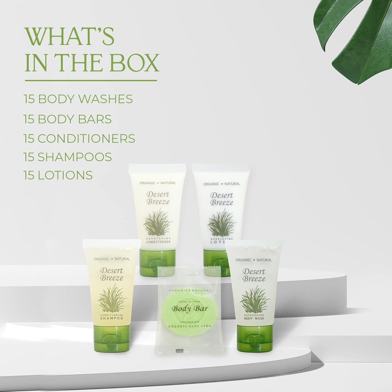 Kit de Amenidades de Hotel Desert Breeze | 75 Piezas | 30ml Champú, Acondicionador, Gel de Baño, Jabón