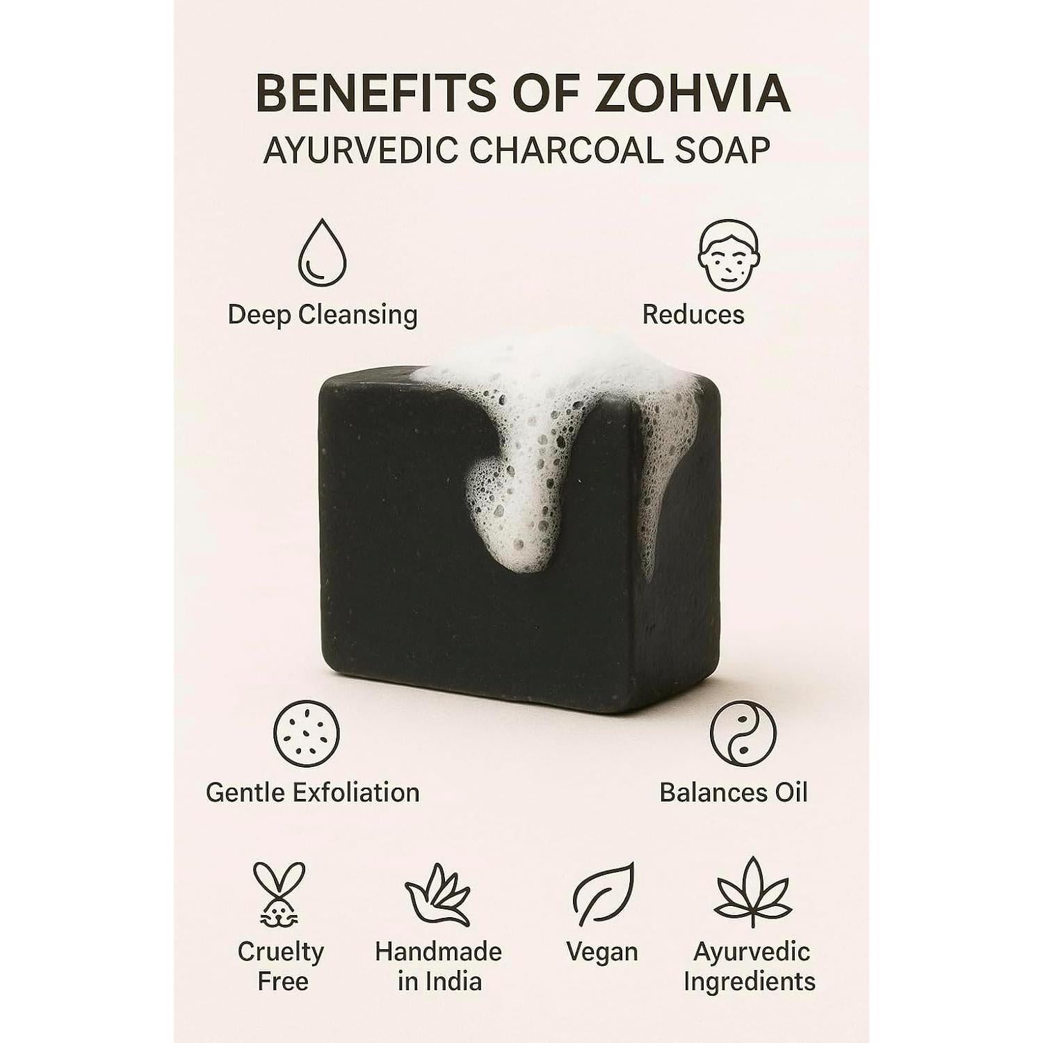 Jabón Natural de Carbón Activado Zohvia 125g - Limpiador Facial y Corporal
