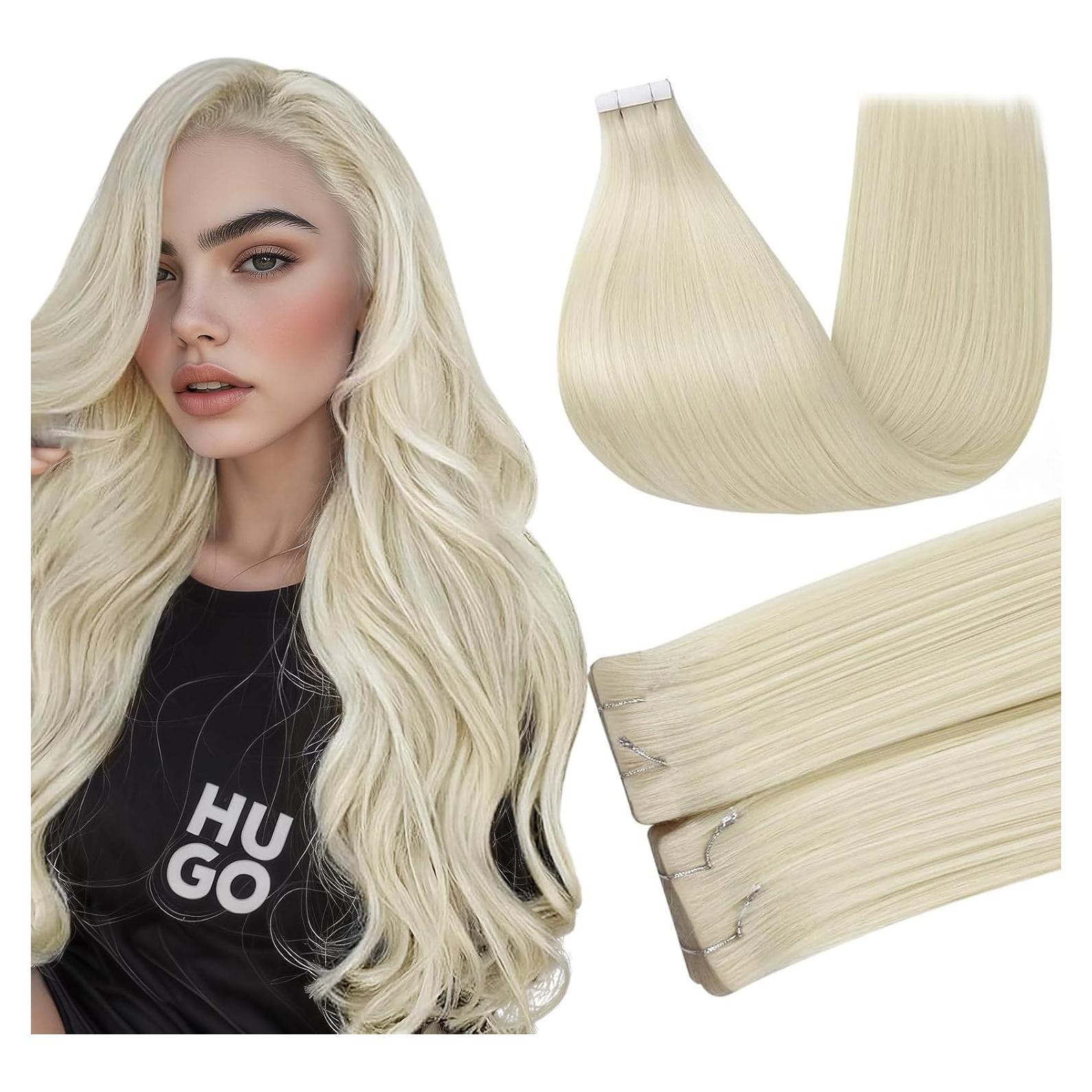 Full Shine Injection Tape in Hair Extensions Human Hair Color 60 Blonde Machine Remy Tape in Extensions Intact Seamless Skin Weft Invisible for Women Add Volume Natural 14Inch 40Gram