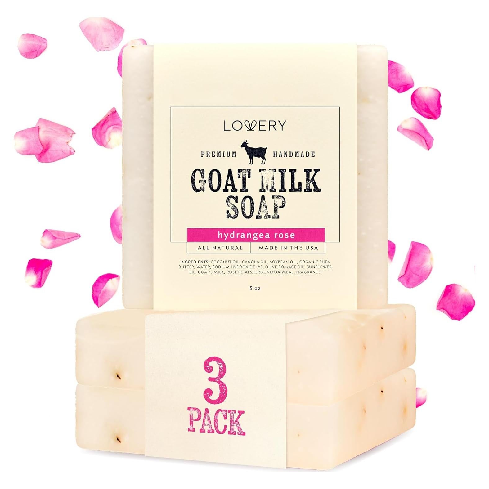 Jabones de Leche de Cabra Orgánica Lovery - Paquete de 3 - Rosa de Hortensia