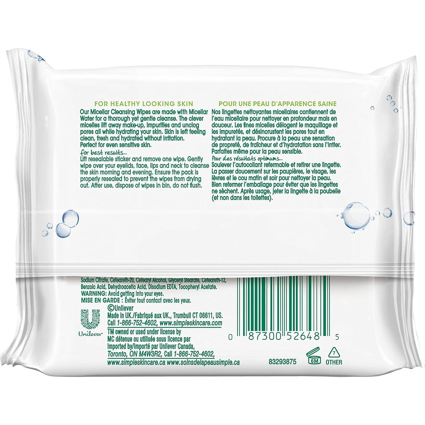 Toallitas Desmaquillantes Micelares Simple 25 Unidades Sin Fragancia