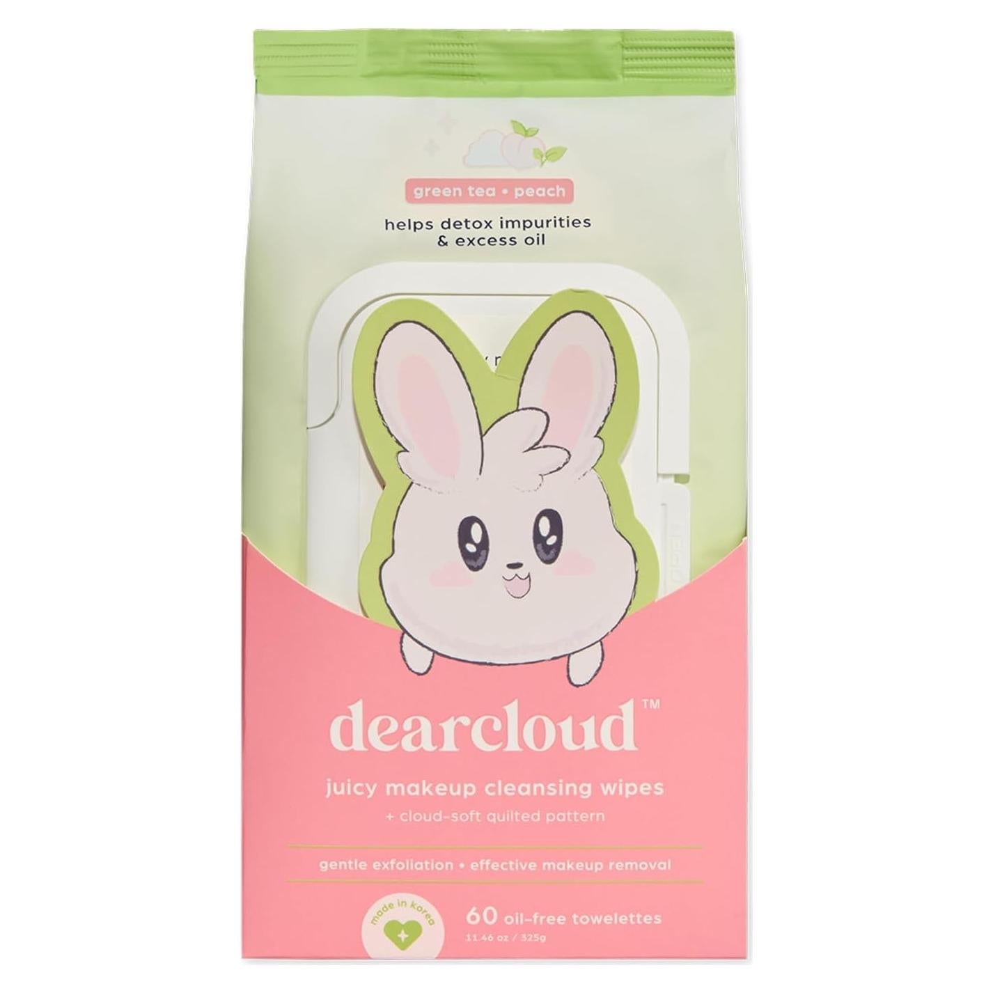 Toallitas Desmaquillantes Dearcloud - 60 Unidades - Té Verde y Durazno