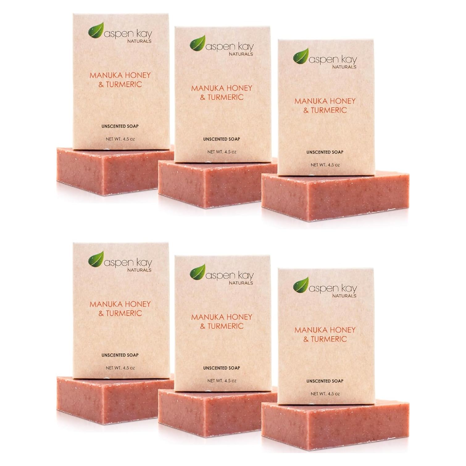 Turmeric and Manuka Honey Soap Bar for Body & Face, Natural Turmeric Soap with Organic Aloe Vera, Shea Butter & Calendula - Gentle For All Skin Types, Unscented 4.5 oz Bar. (6, Unscented)