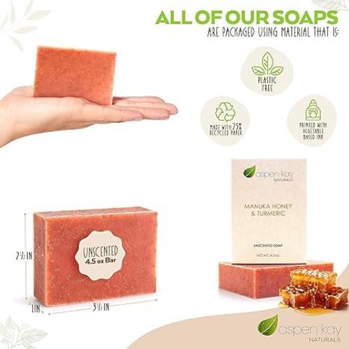 Turmeric and Manuka Honey Soap Bar for Body & Face, Natural Turmeric Soap with Organic Aloe Vera, Shea Butter & Calendula - Gentle For All Skin Types, Unscented 4.5 oz Bar. (6, Unscented)