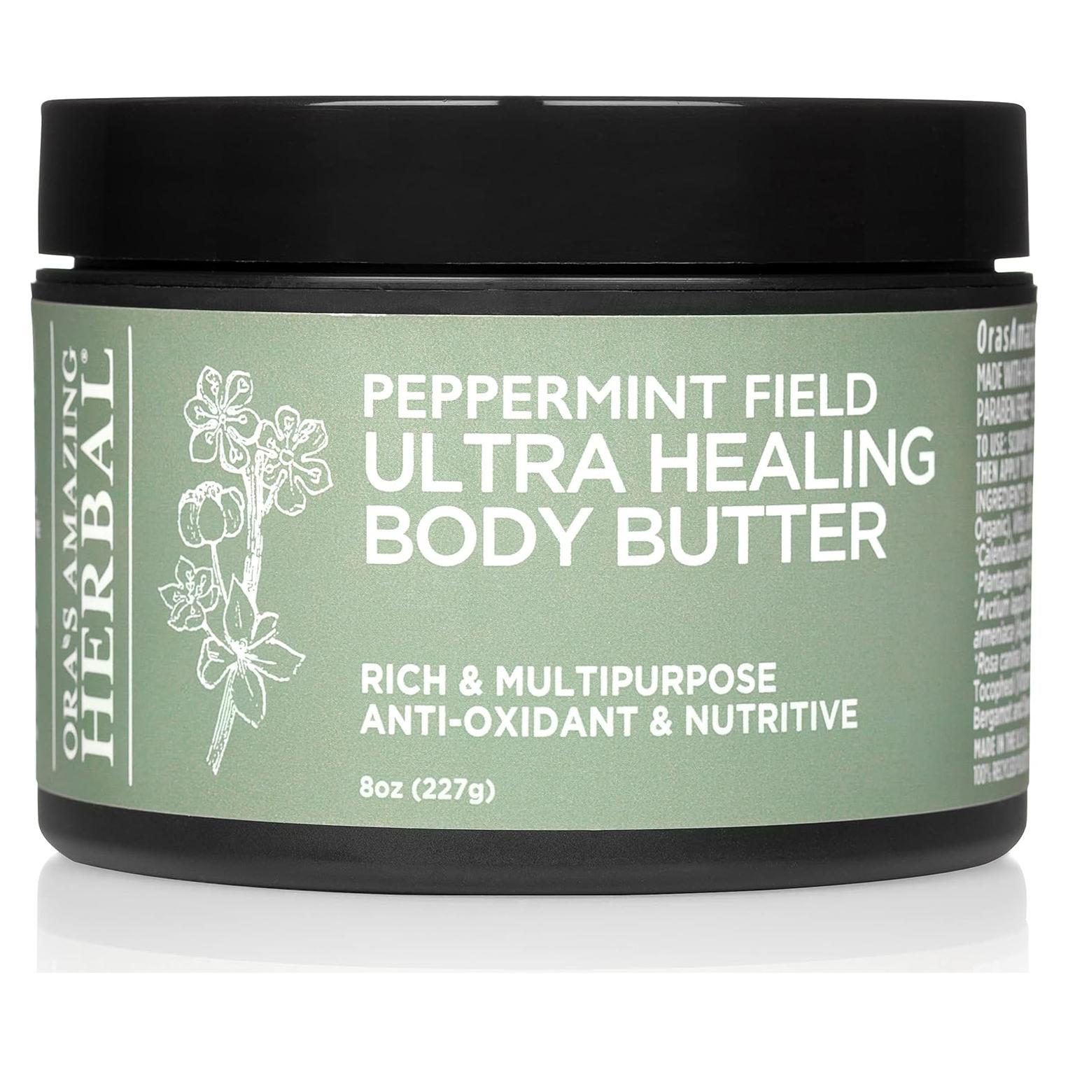 Ora's Amazing Herbal Ultra Healing Body Butter, Intensive Moisturizer For Dry Skin, Spearmint & Bergamot Essential Oil, 8 oz, Peppermint Field Scent