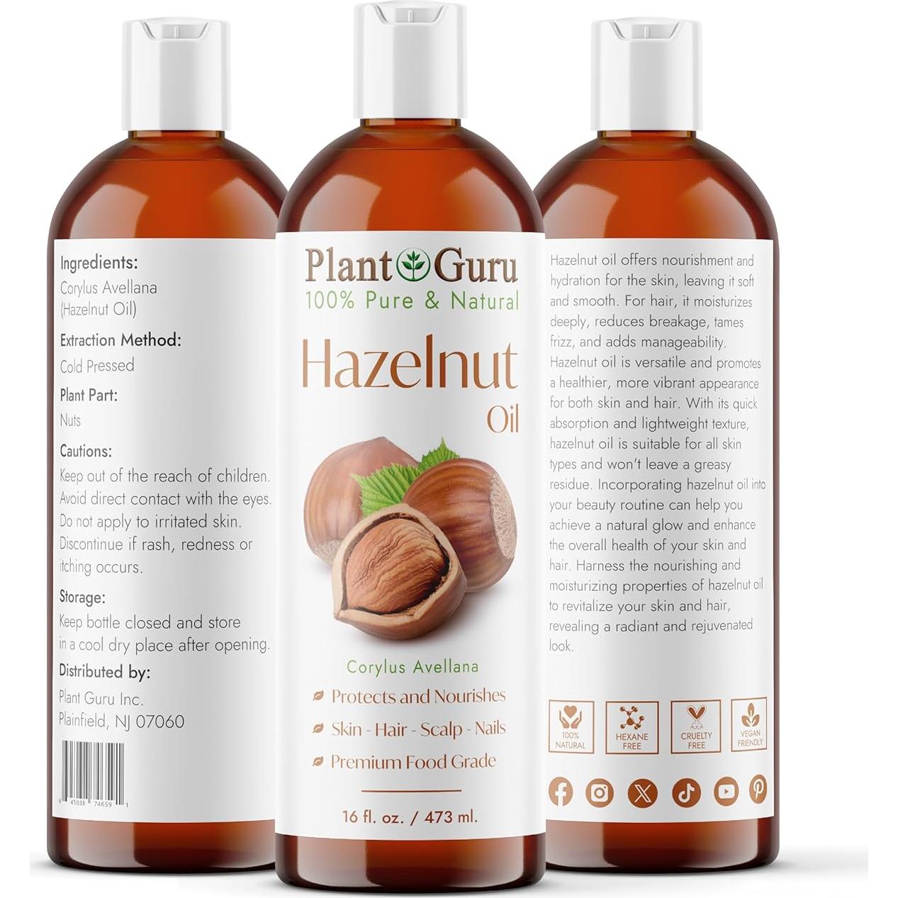 Aceite de Avellana 473 ml Prensado en Frío 100% Puro Natural