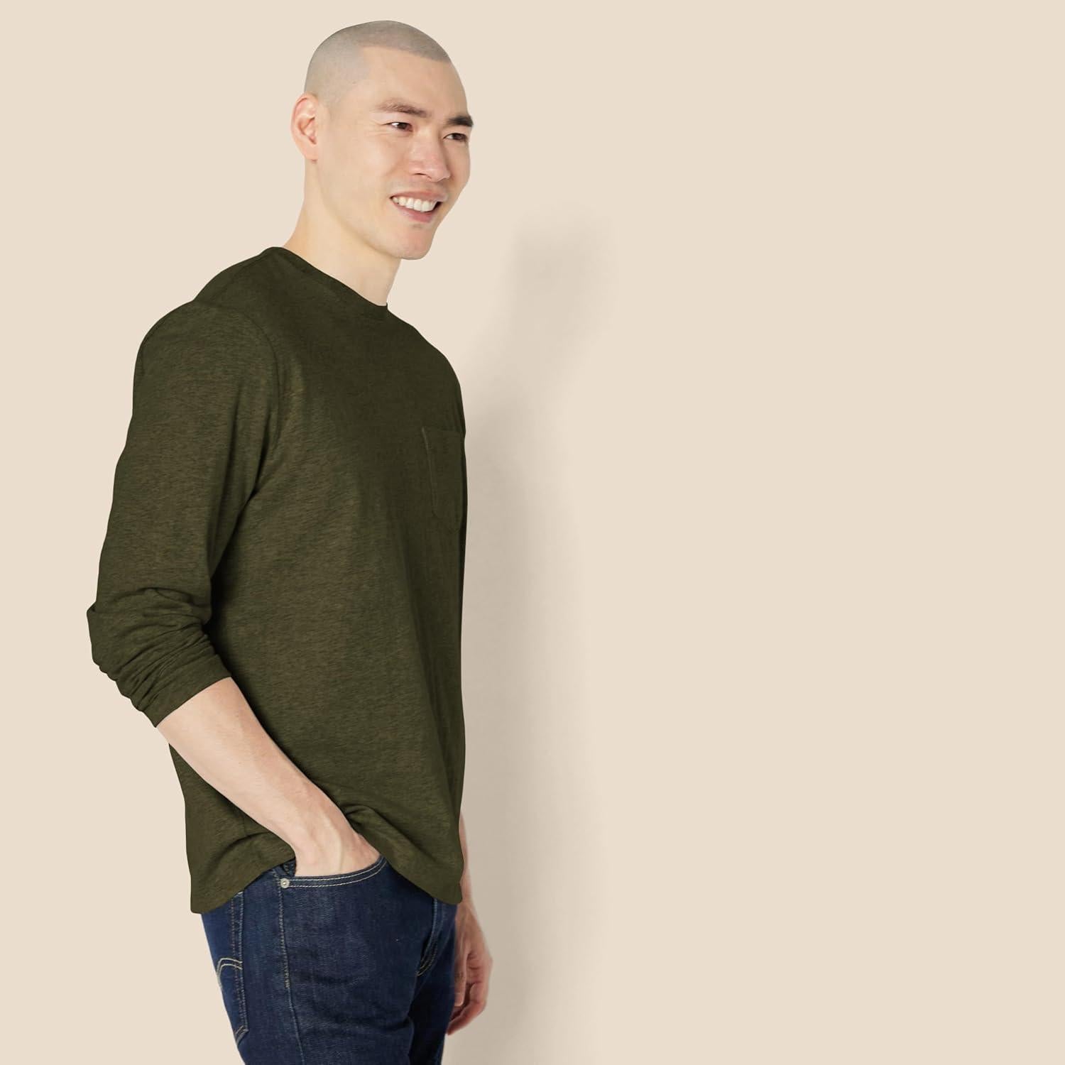 Camiseta de Cuello Redondo Regular Hombre Amazon Essentials Oliva