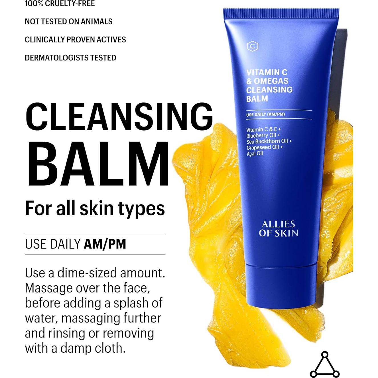 Allies of Skin Vitamin C & Omegas Cleansing Balm | Daily Makeup Remover to Dissolve Waterproof Mascara, SPF | Ophthalmologically Tested for Sensitive Eyes & Skin (3.4 Fl oz)