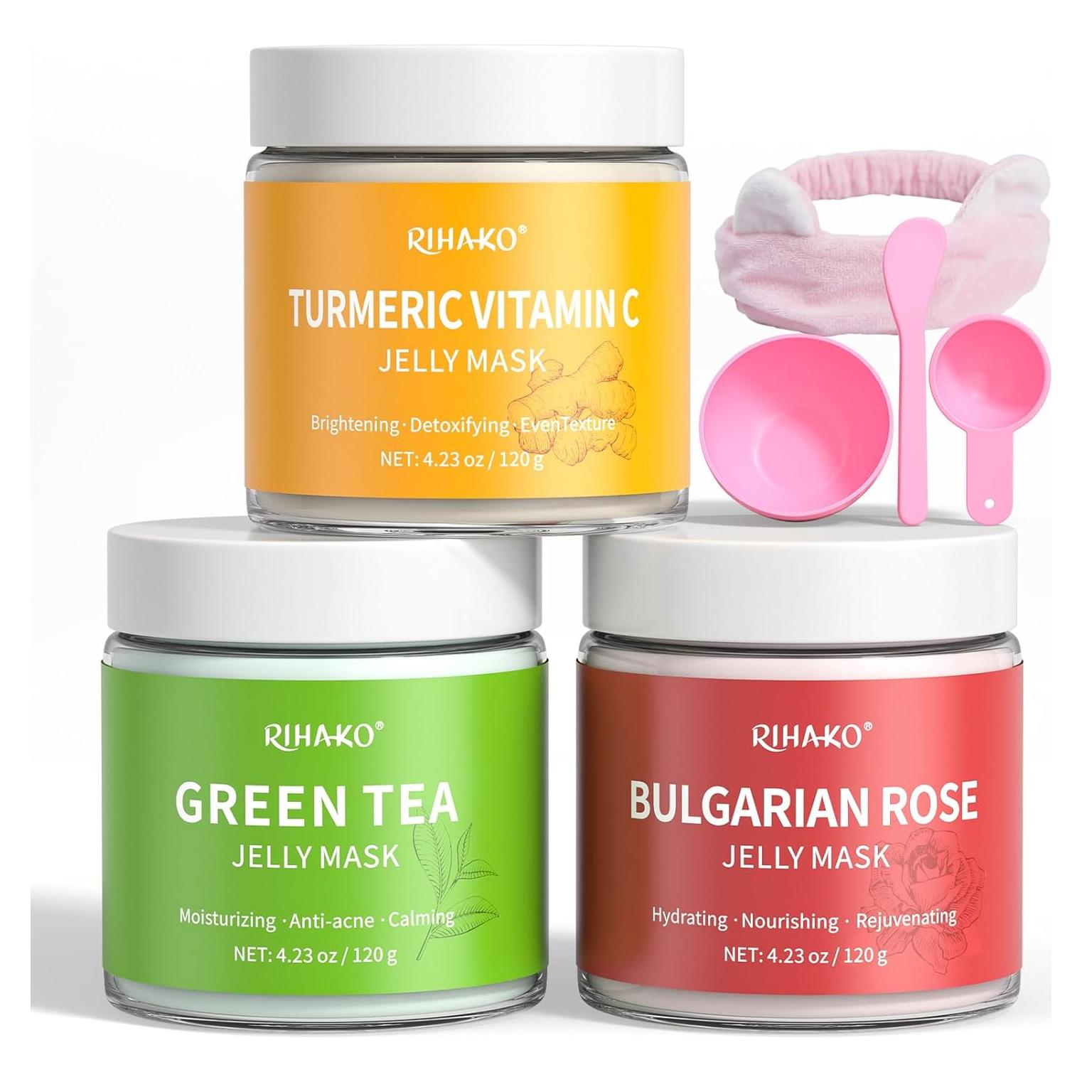Set de Mascarillas de Gel RIHAKO - Cúrcuma, Rosa y Té Verde