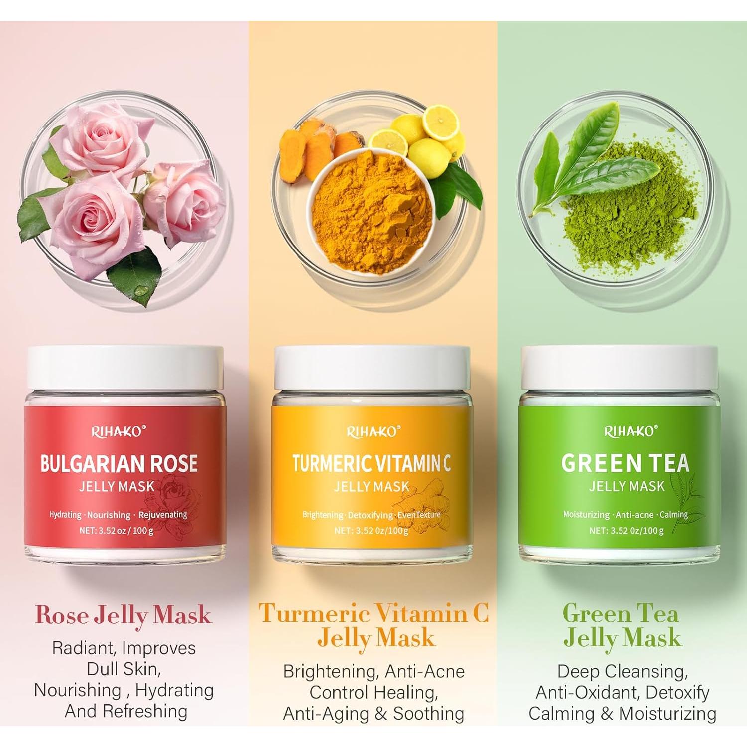 Set de Mascarillas de Gel RIHAKO - Cúrcuma, Rosa y Té Verde