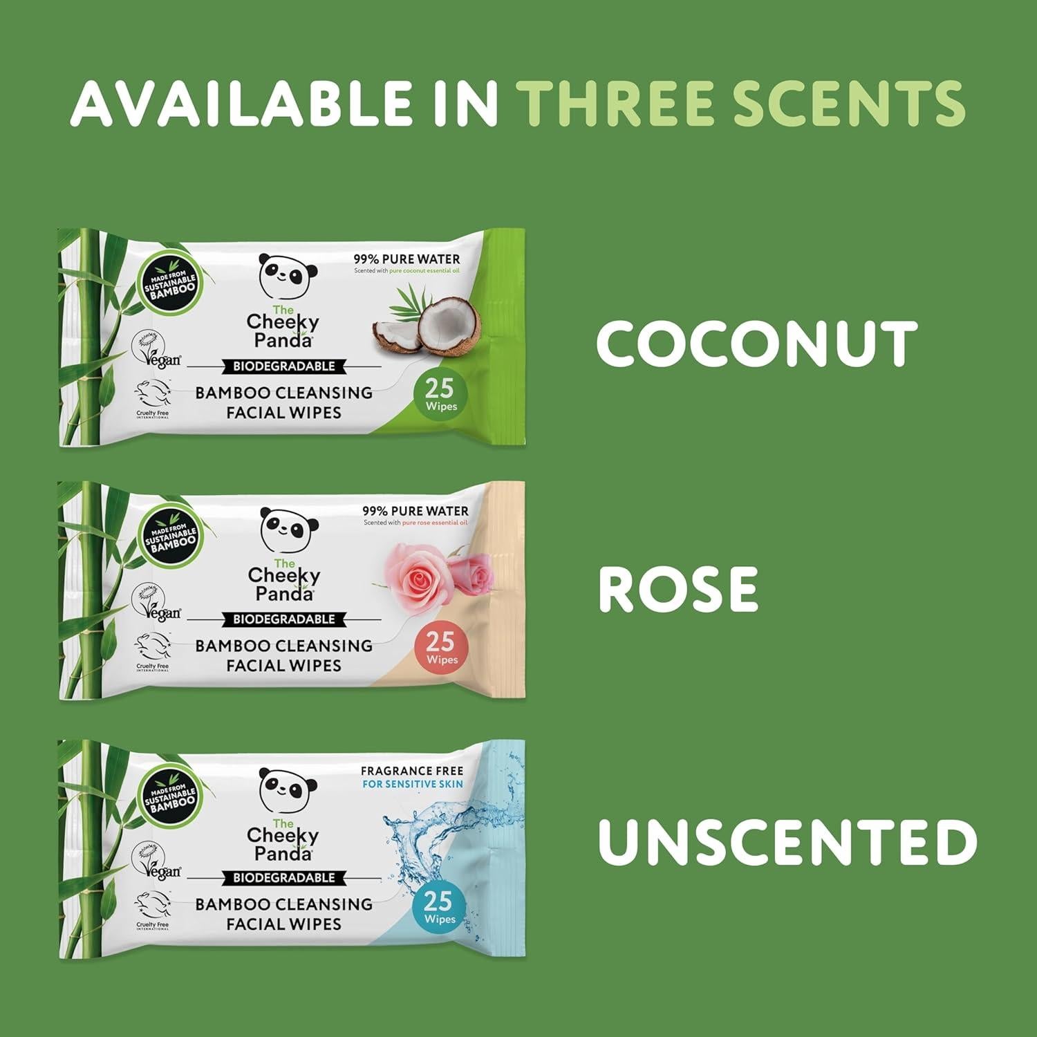 Toallitas Desmaquillantes The Cheeky Panda | 6 Paquetes de 25 Unidades | Biodegradables y Veganas