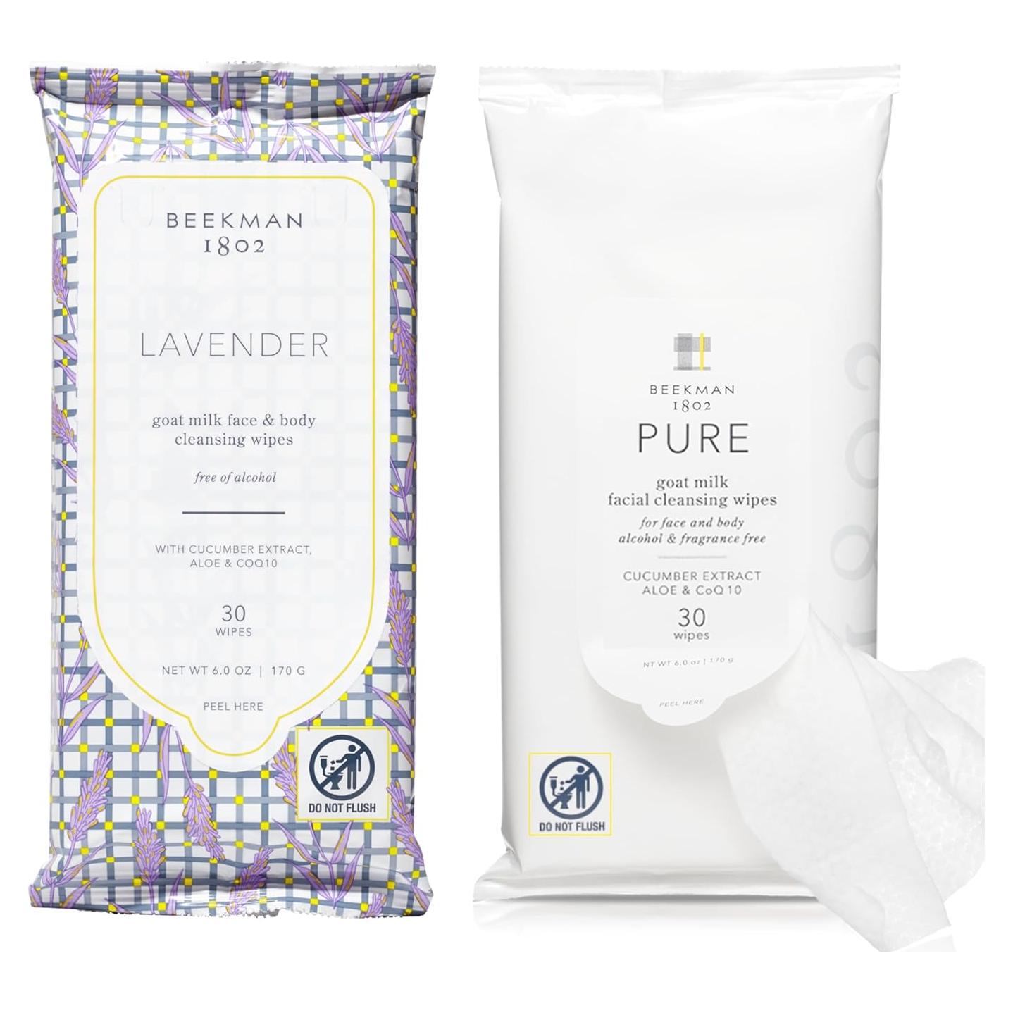 Toallitas Hidratantes Beekman 1802 - 60 Unidades - Sin Fragancia y Lavanda - Piel Sensible