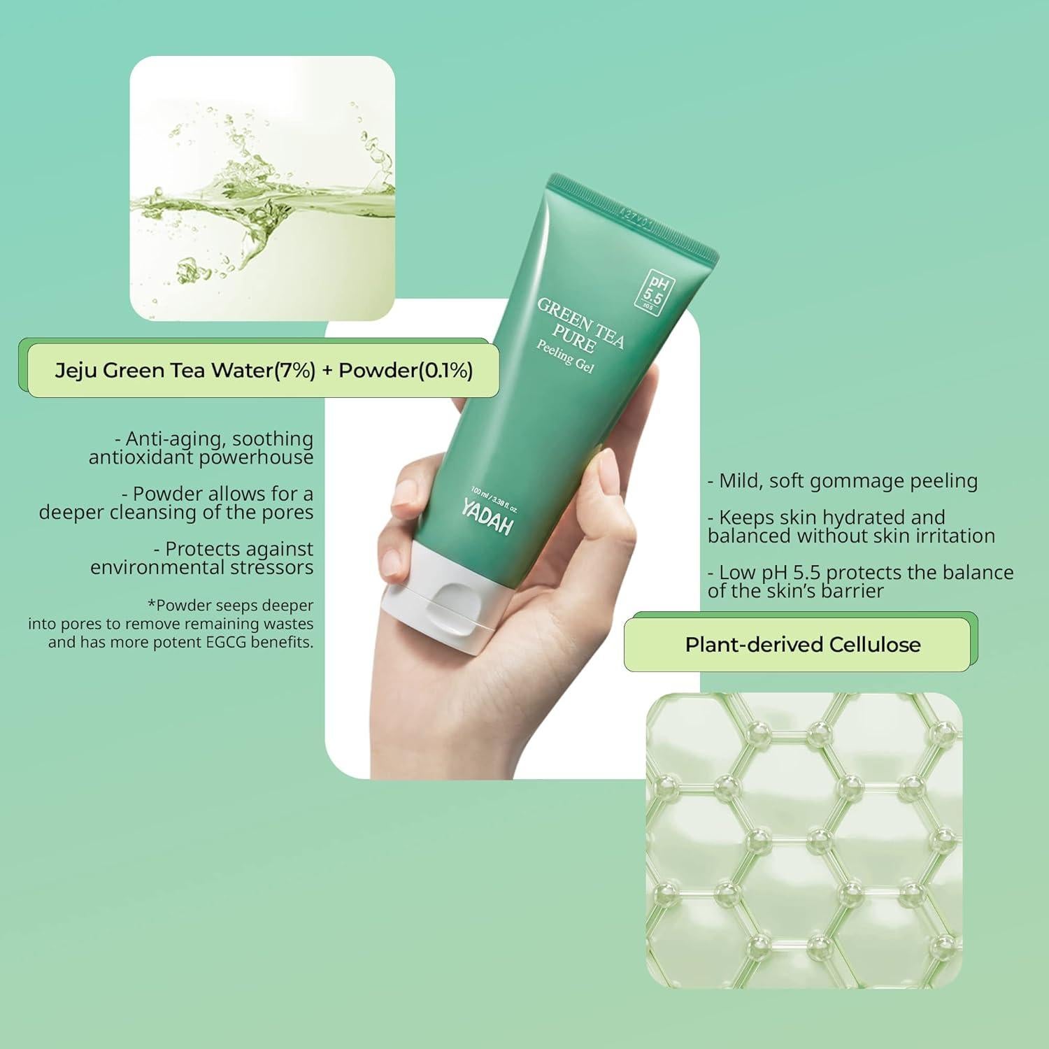 Gel Exfoliante YADAH de Té Verde 100 ml - pH 5.5, Vegano