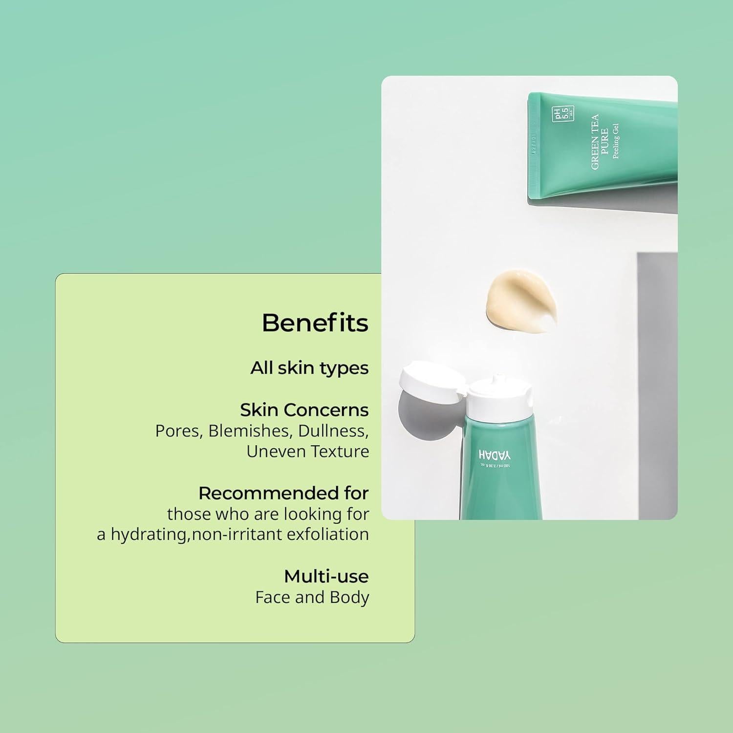 Gel Exfoliante YADAH de Té Verde 100 ml - pH 5.5, Vegano