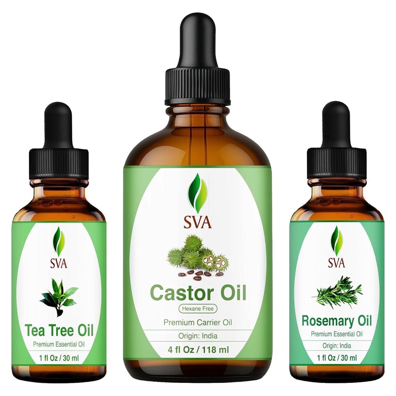 Set de Aceites SVA: Ricino 113ml, Romero 28ml, Árbol de Té 28ml