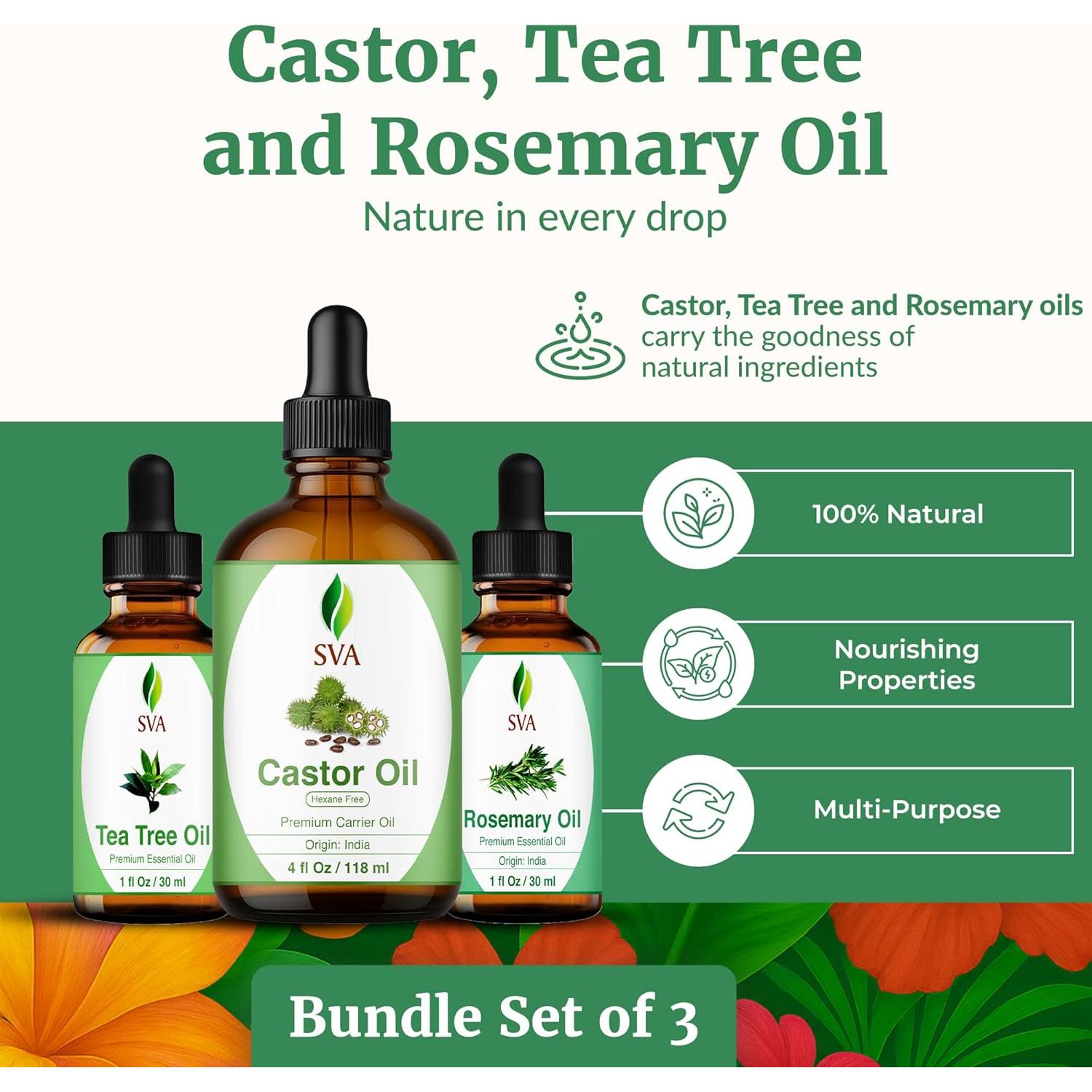 Set de Aceites SVA: Ricino 113ml, Romero 28ml, Árbol de Té 28ml