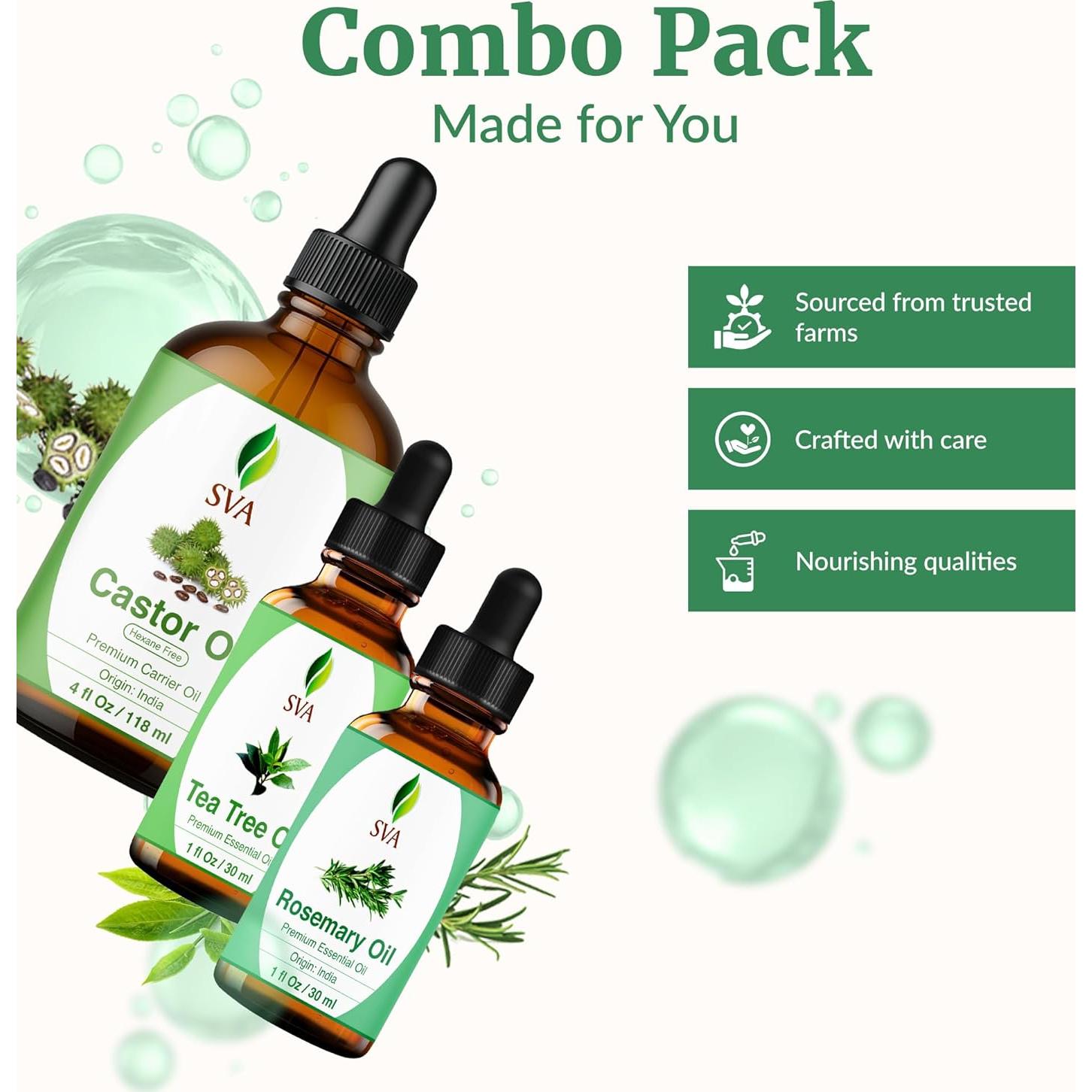 Set de Aceites SVA: Ricino 113ml, Romero 28ml, Árbol de Té 28ml